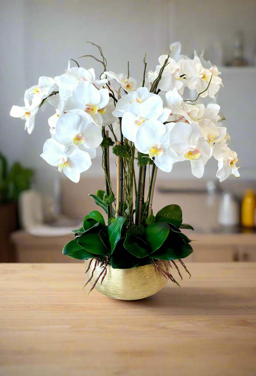 Real Touch White Orchid Centerpiece in Gold Planter Vase