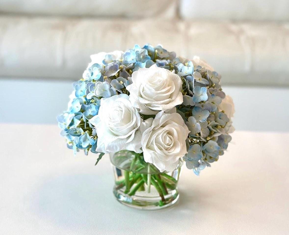 Real Touch Light Blue Hydrangea and White Rose Floral Arrangement