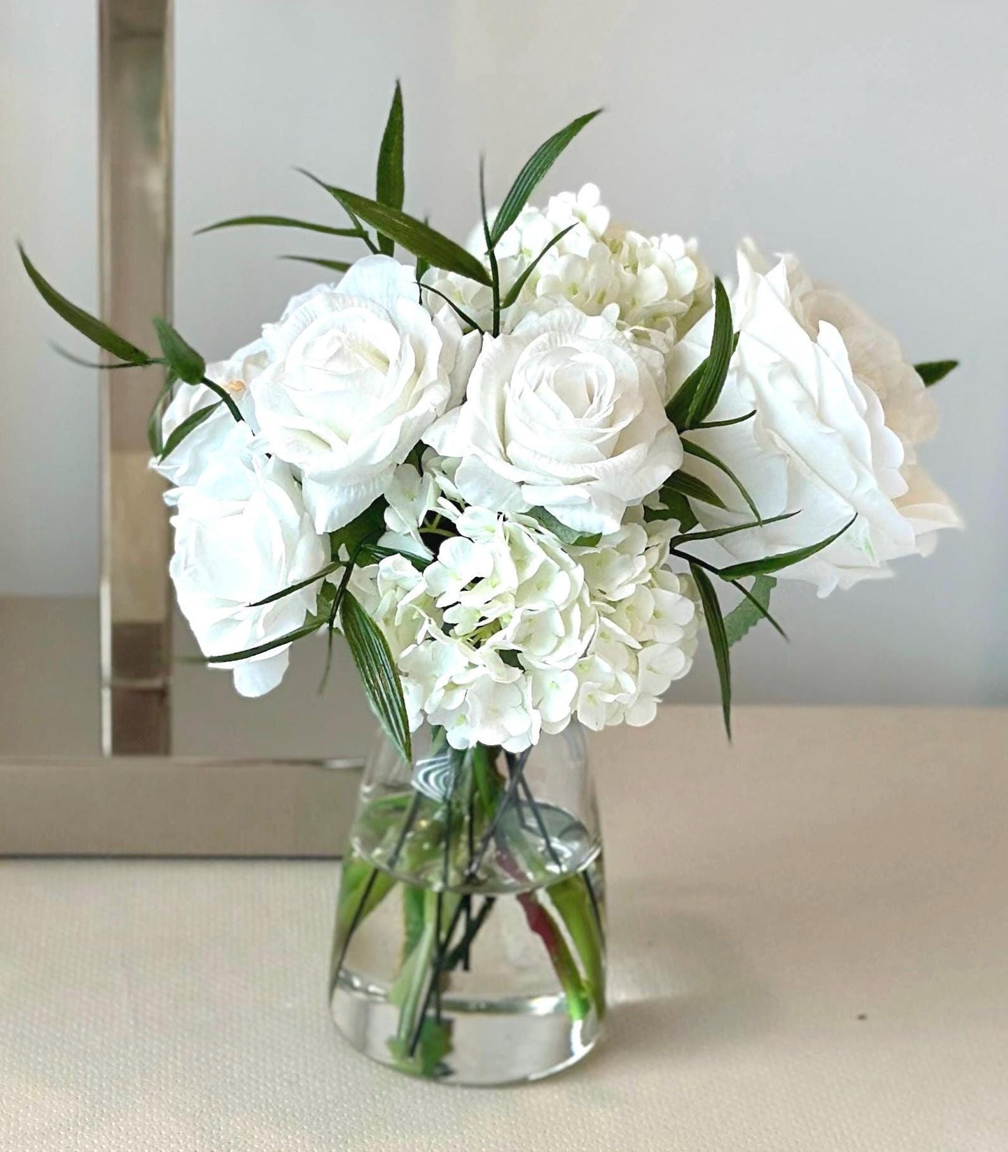 Real Touch White Hydrangea and White Rose Floral Arrangement