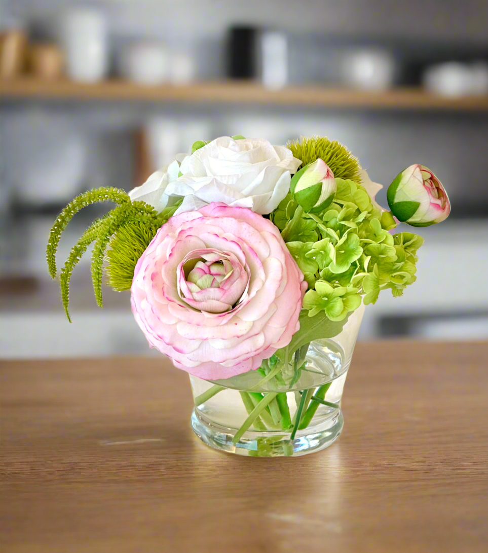 Real Touch Ranunculus, Rose, and Hydrnagea Faux Floral Arrangement