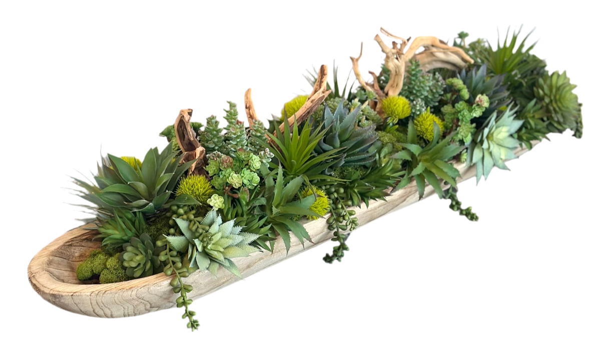 Lush High Quality Artificial Succulent Arrangement, Long Wood Centerpiece, Large Succulent Planter, Faux Plants, Succulent Home Decor