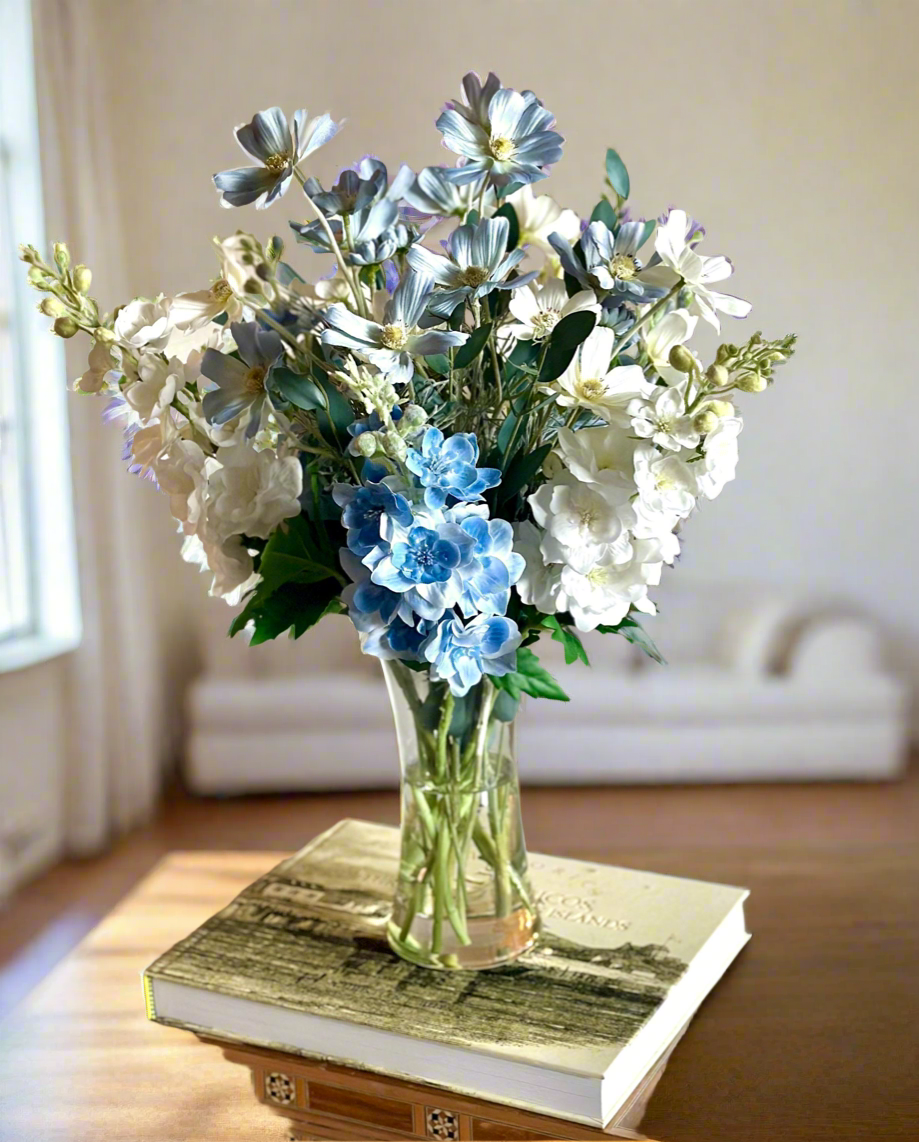 Real Touch Blue and White Delphinium and Wildflower Centerpiece, Faux White and Blue Arrangement, Tall Blue and White Centerpiece
