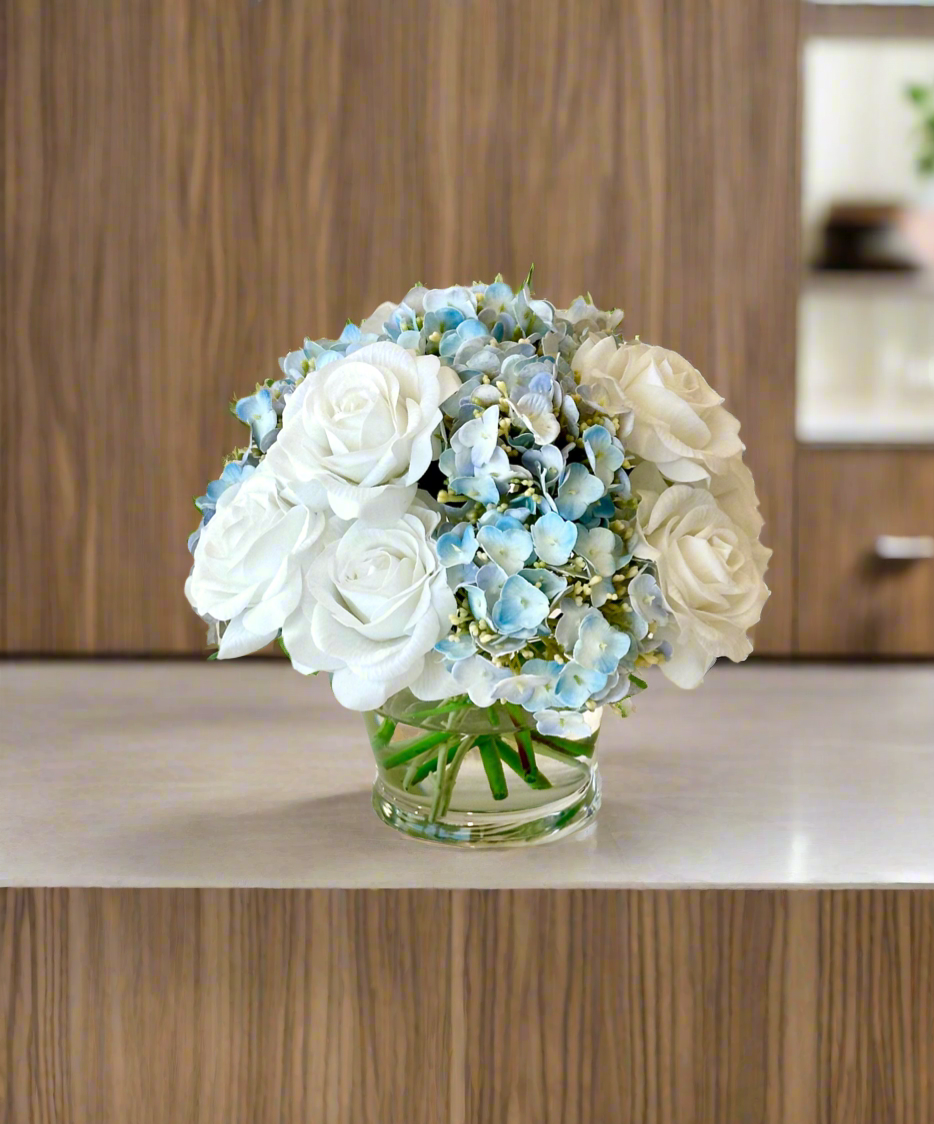 Real Touch Light Blue Hydrangea and White Rose Floral Arrangement