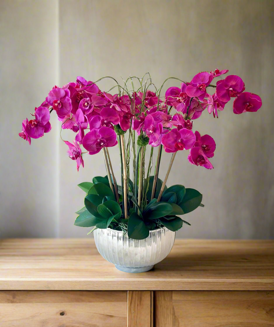 Real Touch Purple Orchid Centerpiece Set in Silver Vase