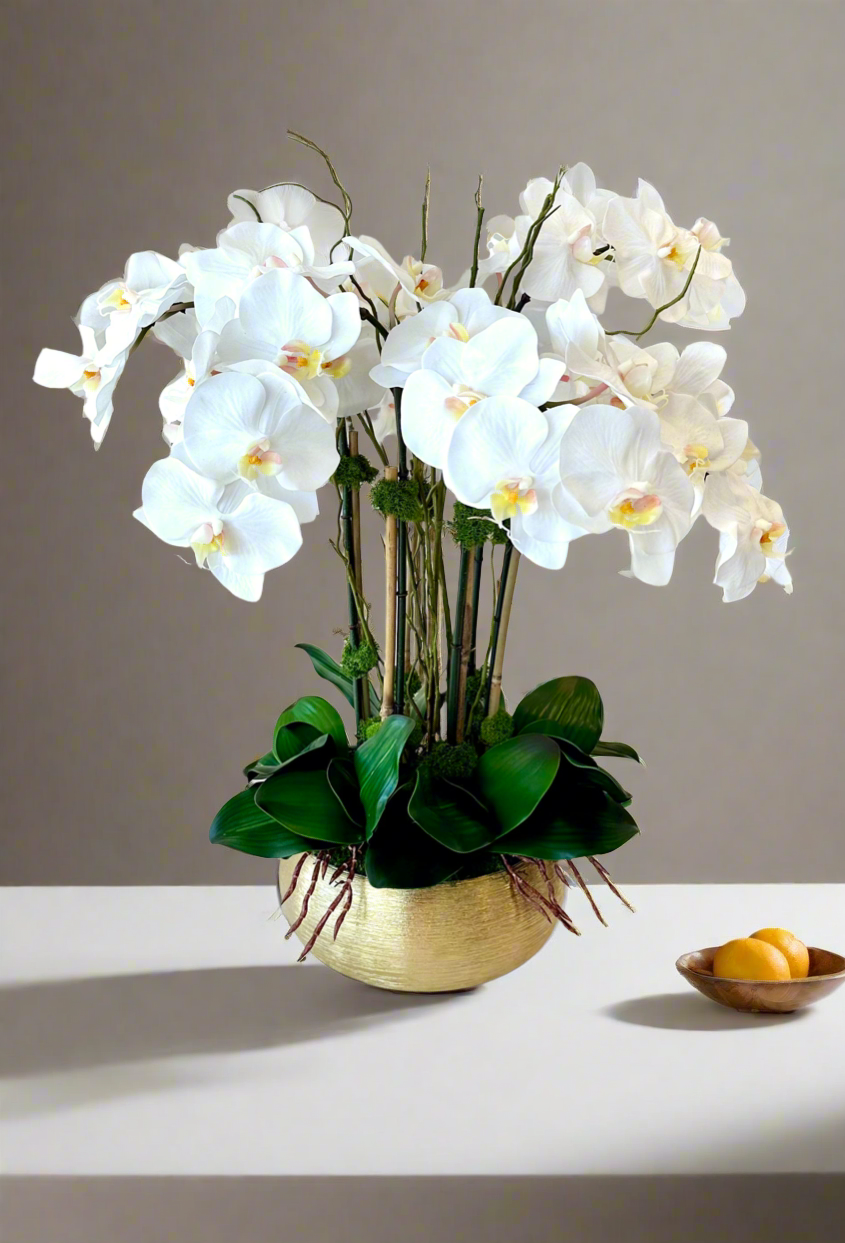 Real Touch White Orchid Centerpiece in Gold Planter Vase