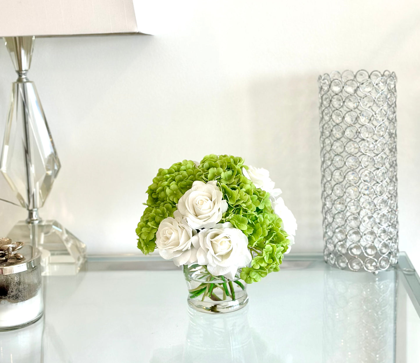 Real Touch Green Hydrangea and White Rose Floral Arrangement