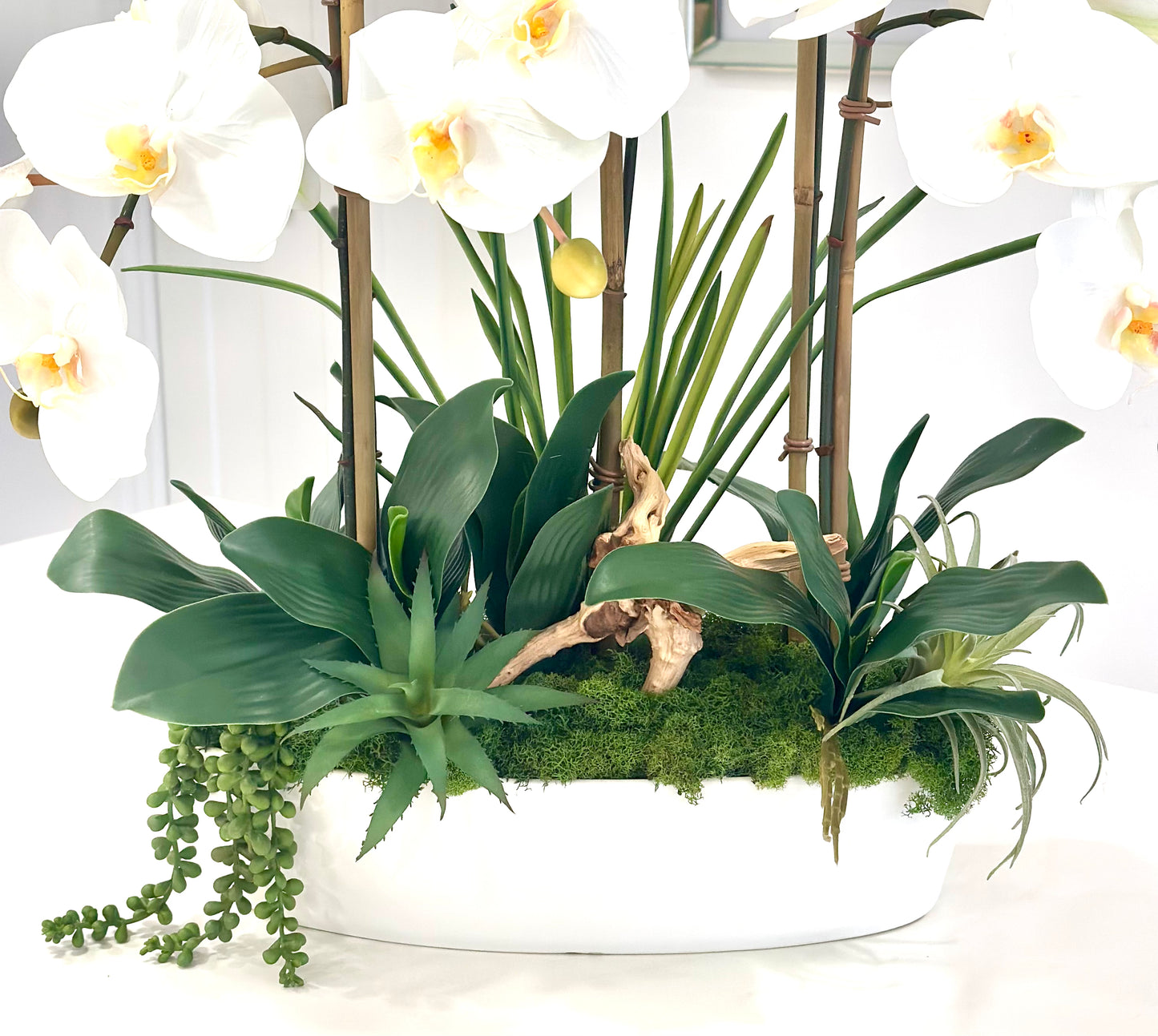 Real Touch Faux White Orchid Arrangement with Succulent and Wood Accents
