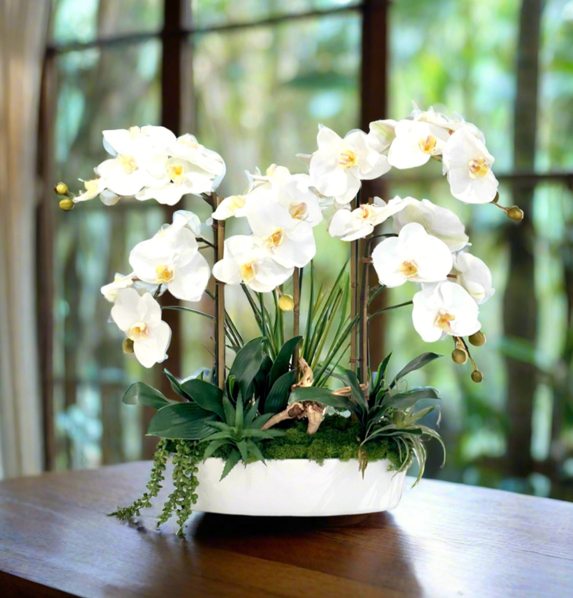 Real Touch Faux White Orchid Arrangement with Succulent and Wood Accents