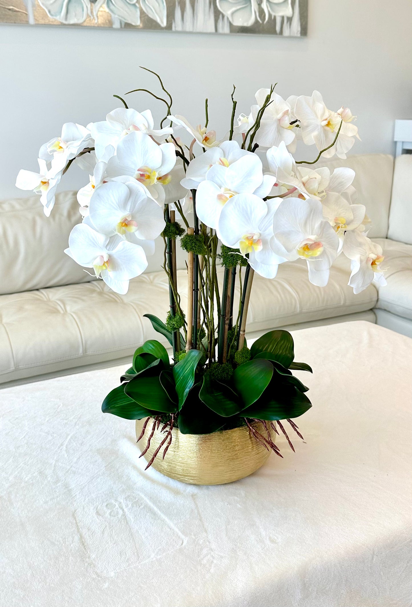 Real Touch White Orchid Centerpiece in Gold Planter Vase