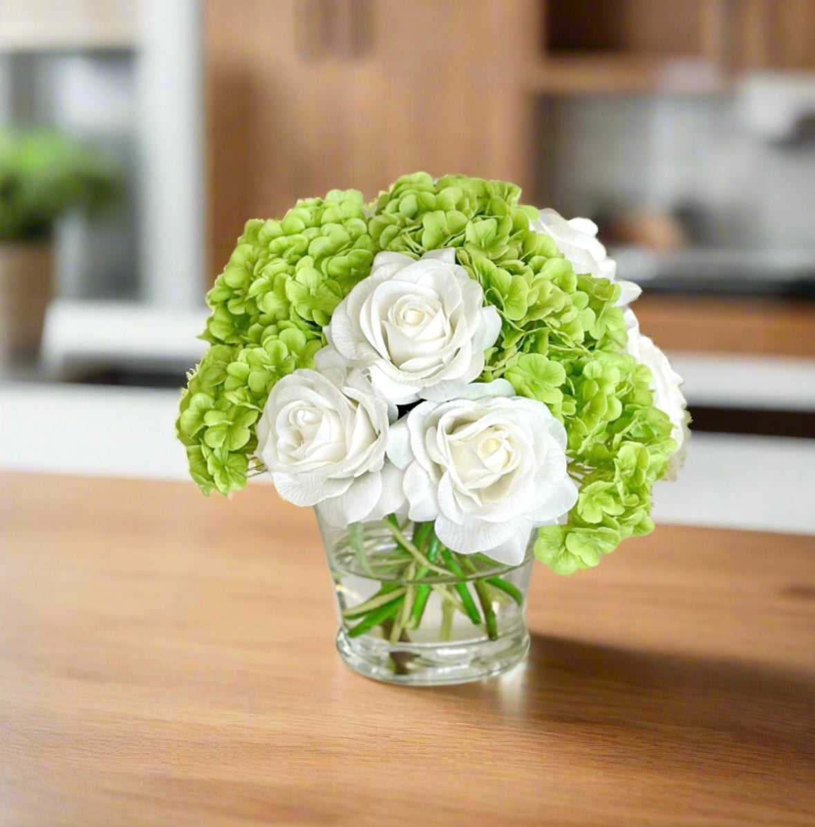 Real Touch Green Hydrangea and White Rose Floral Arrangement