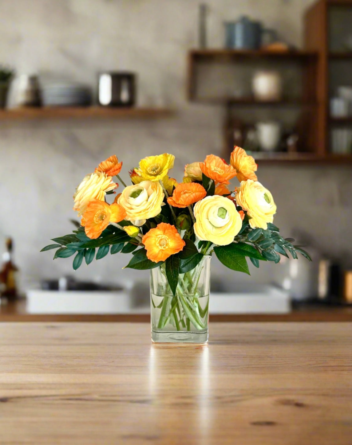 Faux Mixed Faux Floral Arrangement, Yellow Ranunculus and Orange Poppy