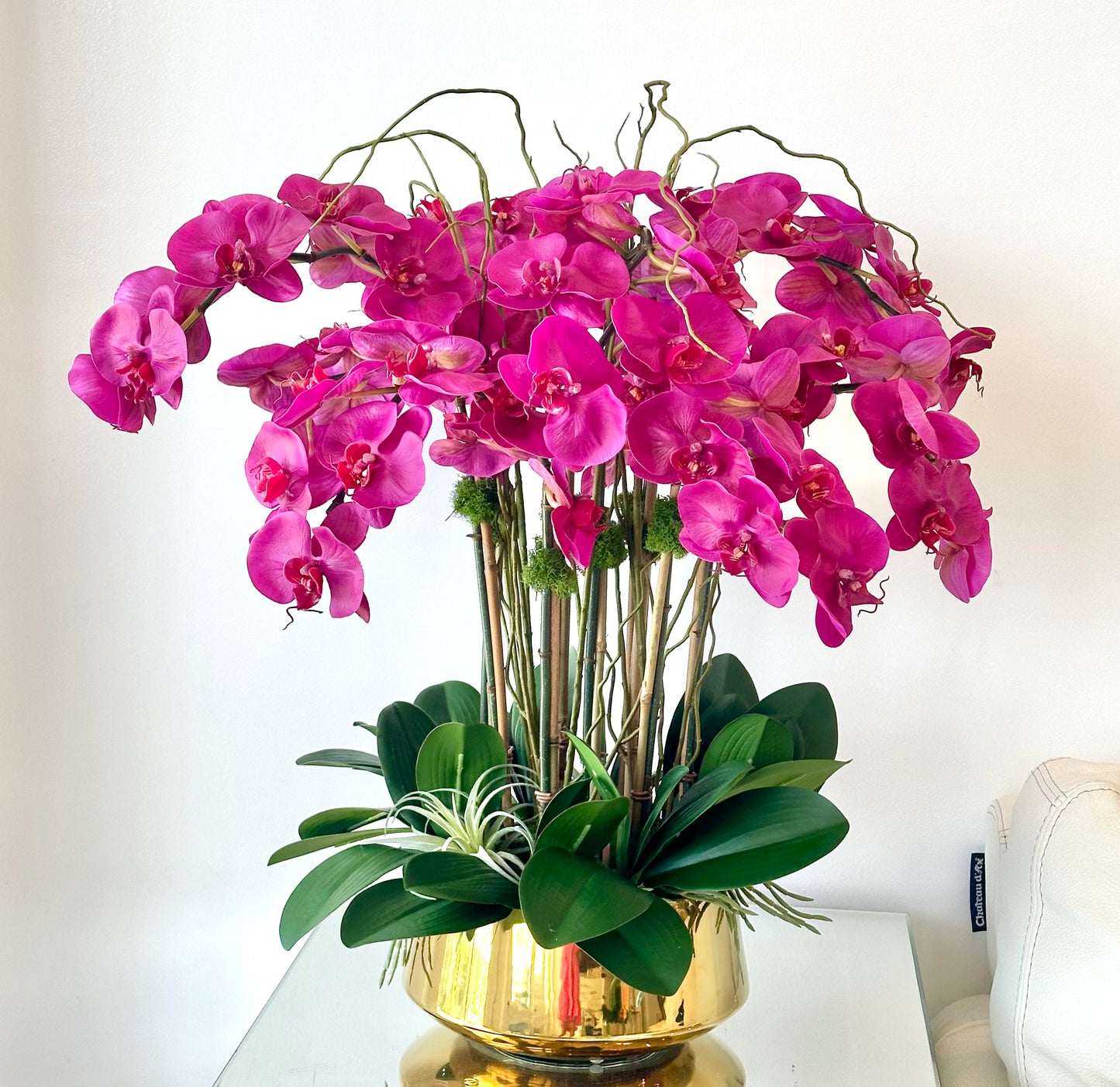 Real Touch Purple Orchid Centerpiece Set in a Gold Planter