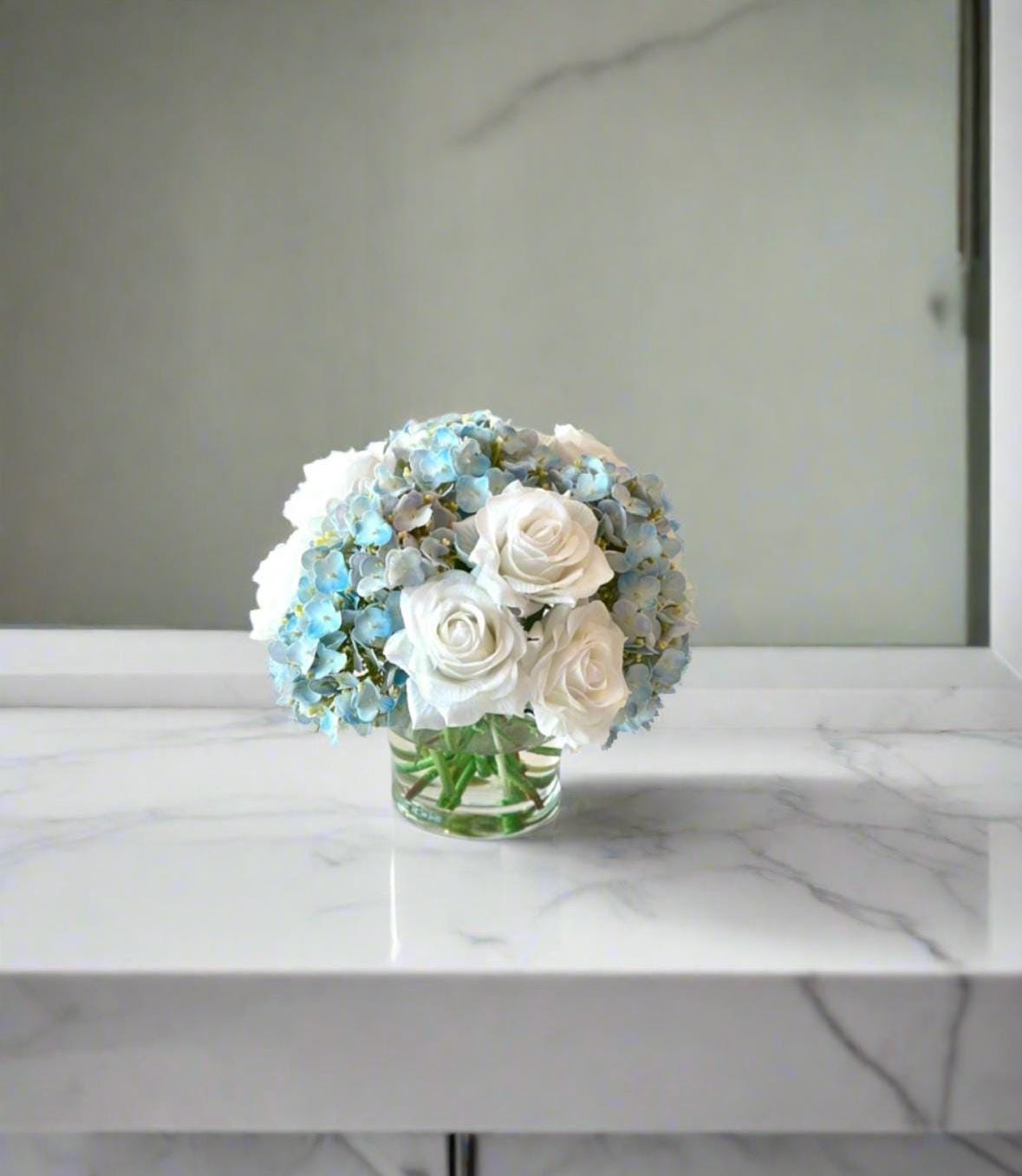 Real Touch Light Blue Hydrangea and White Rose Floral Arrangement