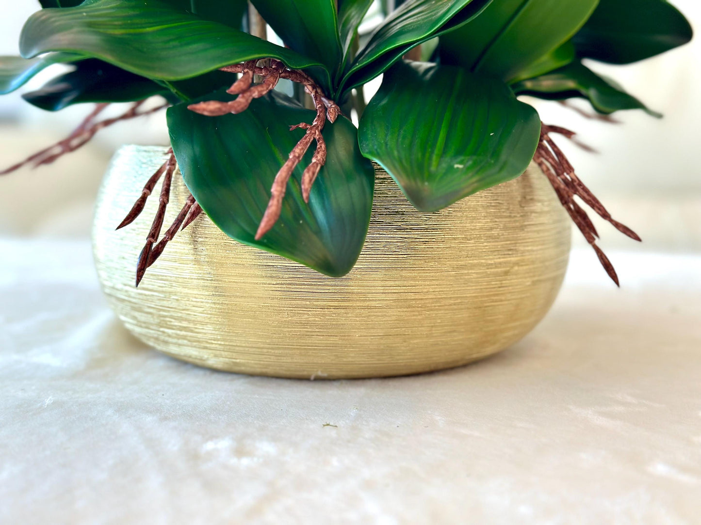 Real Touch White Orchid Centerpiece in Gold Planter Vase