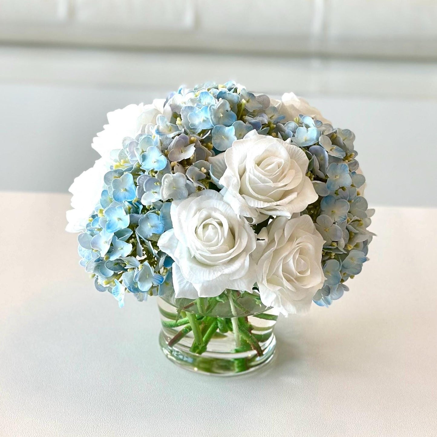 Real Touch Light Blue Hydrangea and White Rose Floral Arrangement