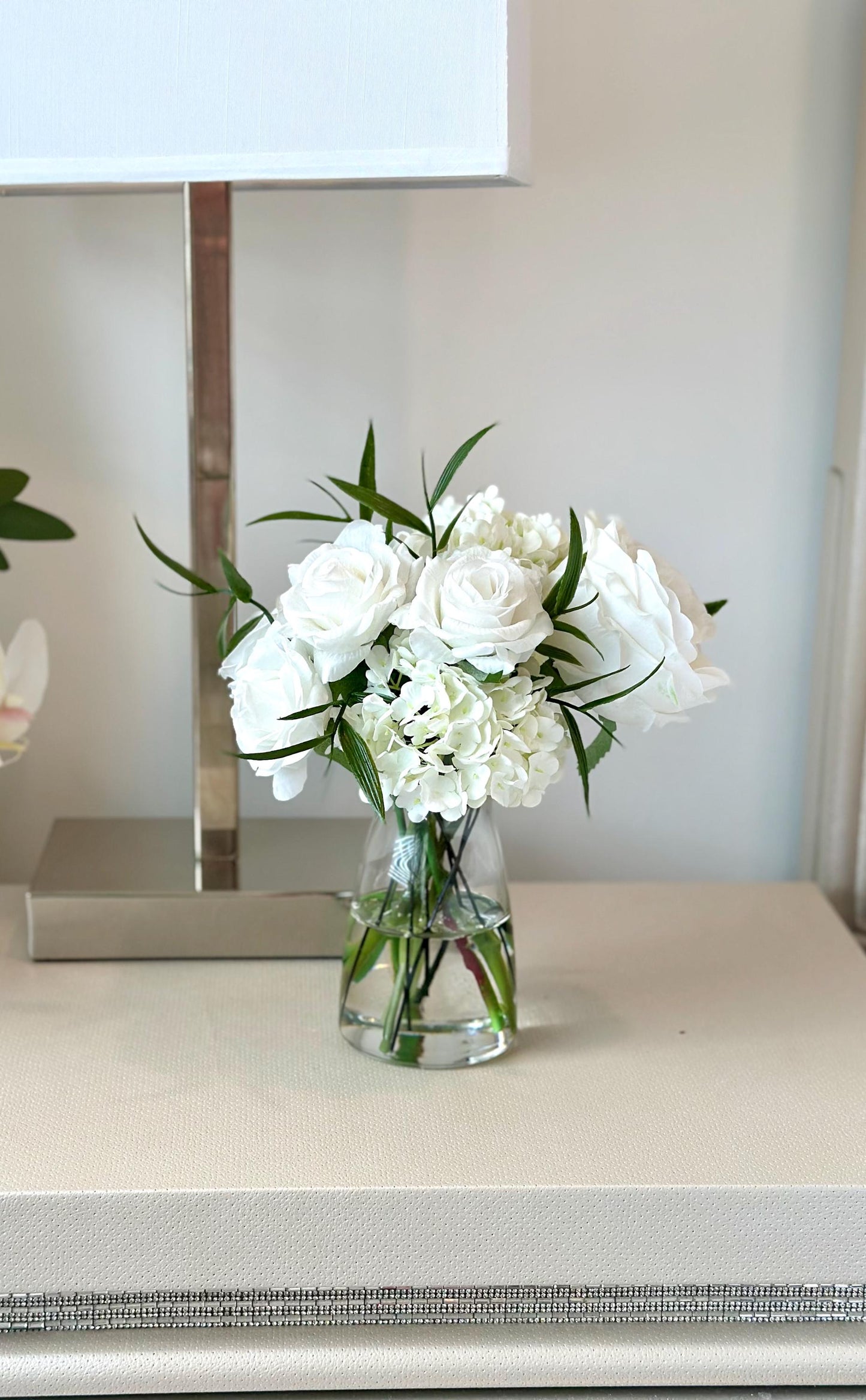 Real Touch White Hydrangea and White Rose Floral Arrangement