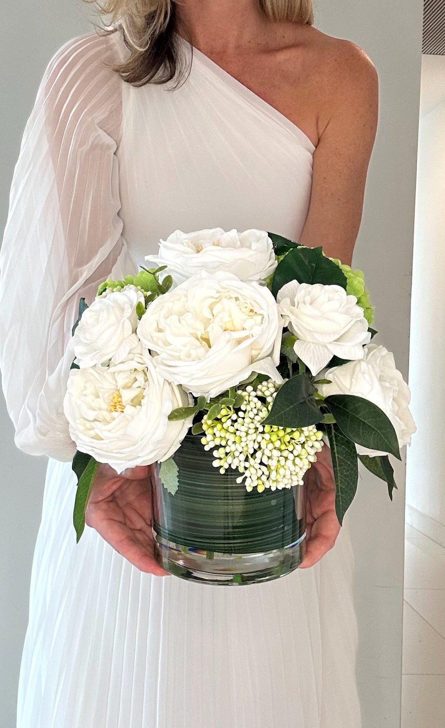 Real Touch Rose and Hydrangea Centerpiece: White & Green Faux Floral Arrangement