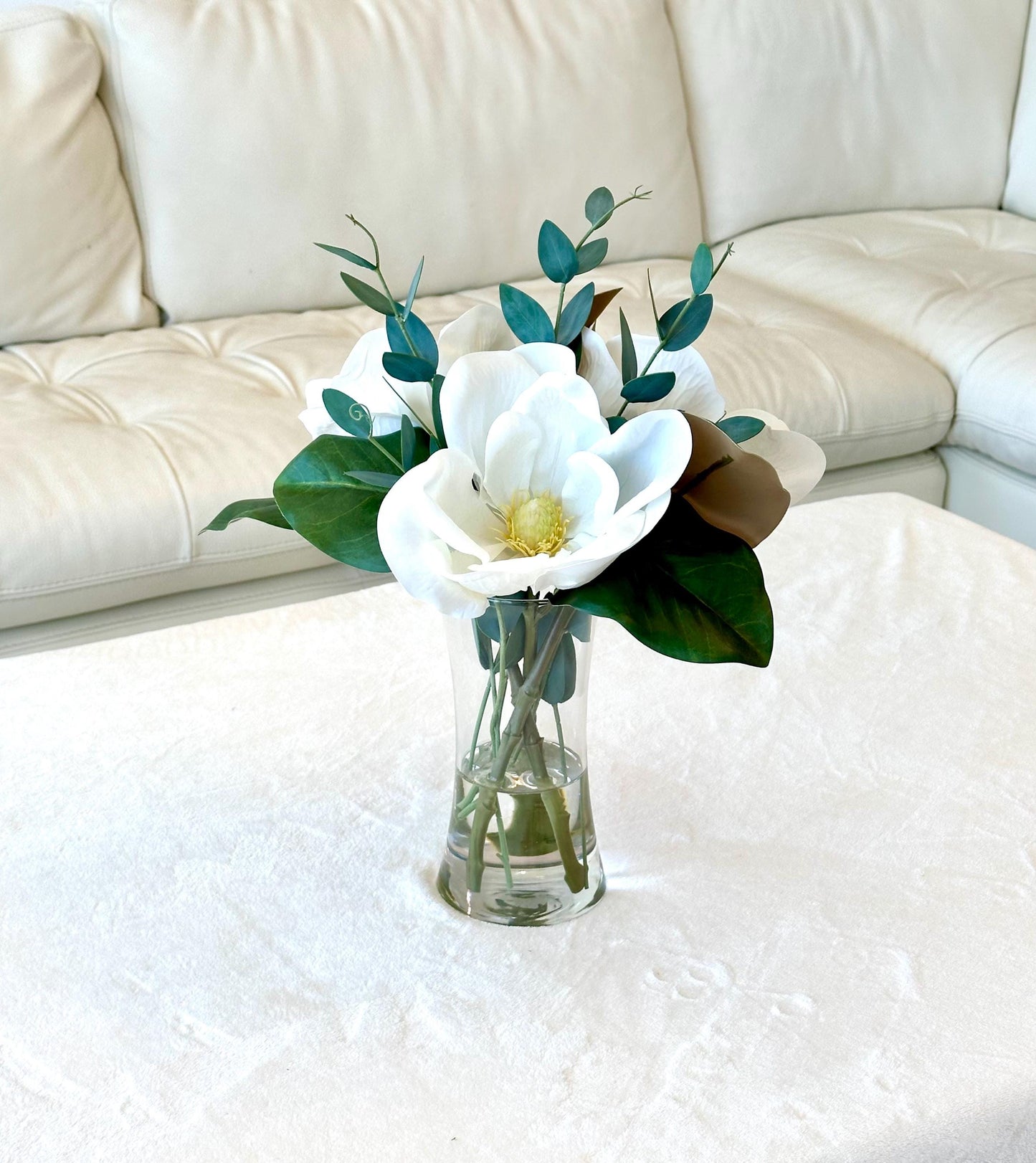 Real Touch White Magnolia Arrangement, Faux White Magnolia Arrangement, Magnolia Centerpiece, Real Touch Eucalyptus Arrangement,