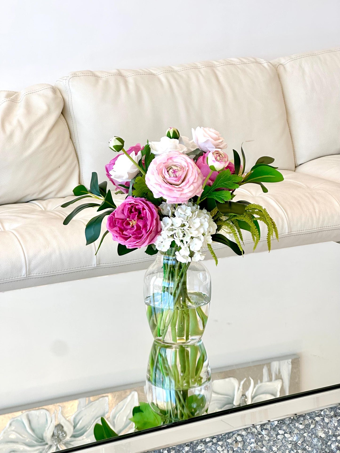 Real Touch Rose & Hydrangea Floral Arrangement: Fuchsia Spring Centerpiece