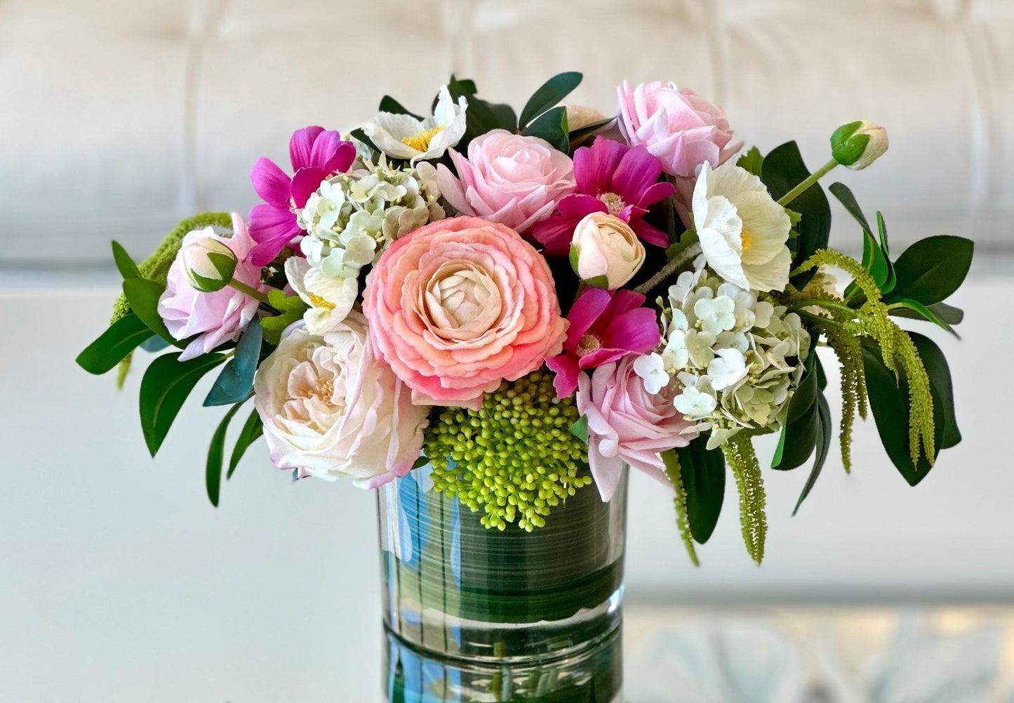 Real Touch Rose & Hydrangea Centerpiece: Fuchsia Floral Arrangement