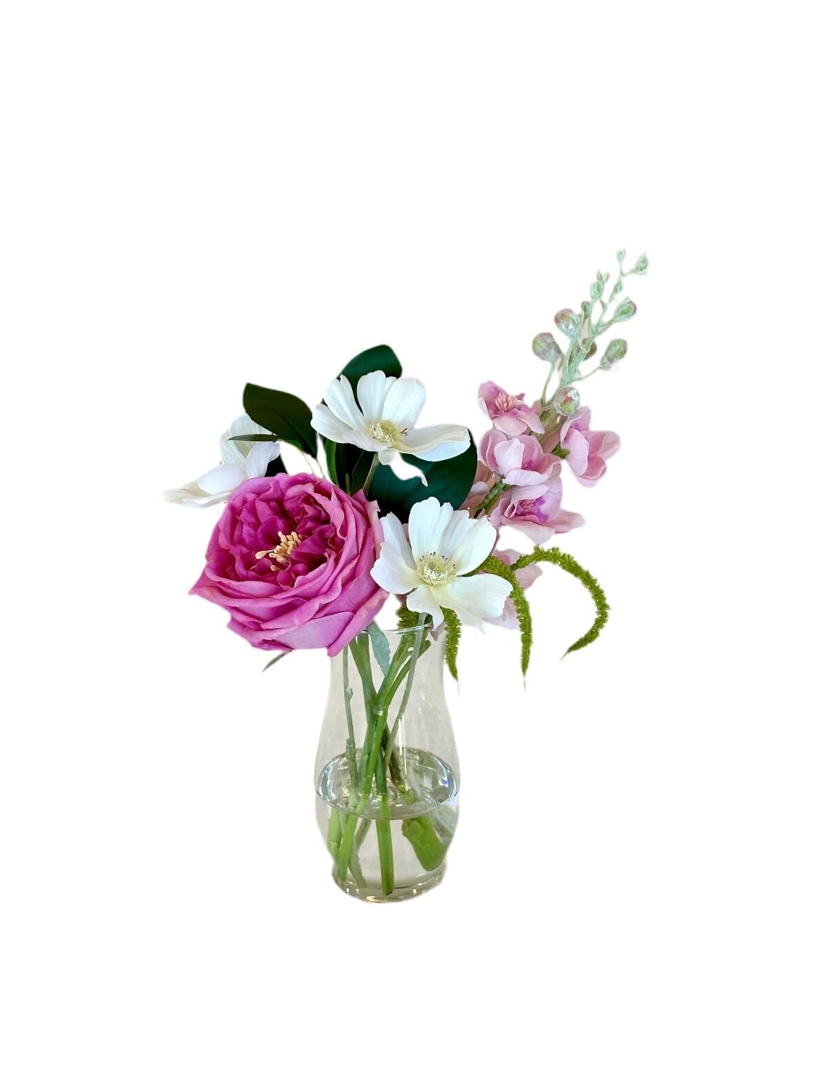 Real Touch Fuchsia Rose Floral Arrangement, Faux Spring Centerpiece