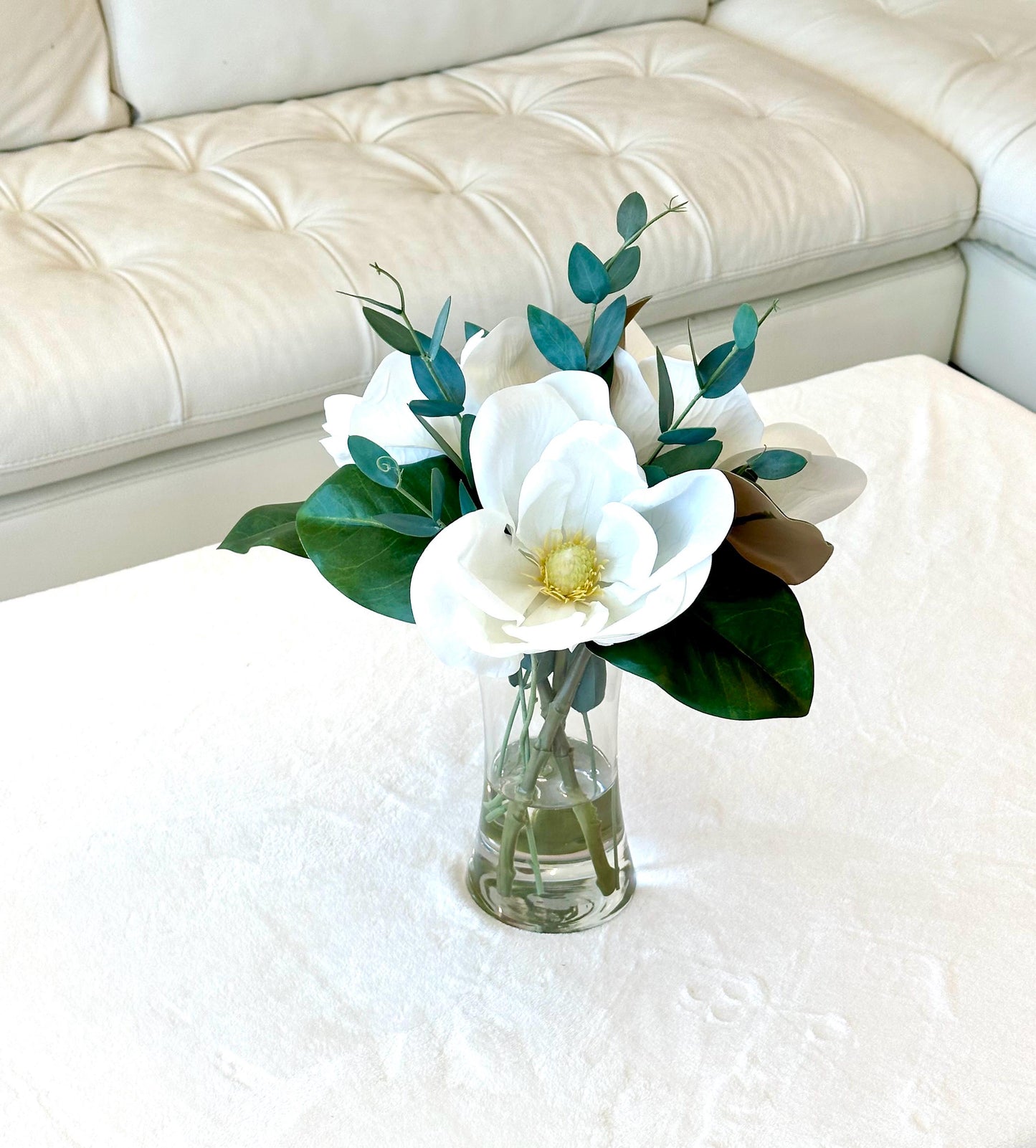 Real Touch White Magnolia Arrangement, Faux White Magnolia Arrangement, Magnolia Centerpiece, Real Touch Eucalyptus Arrangement,