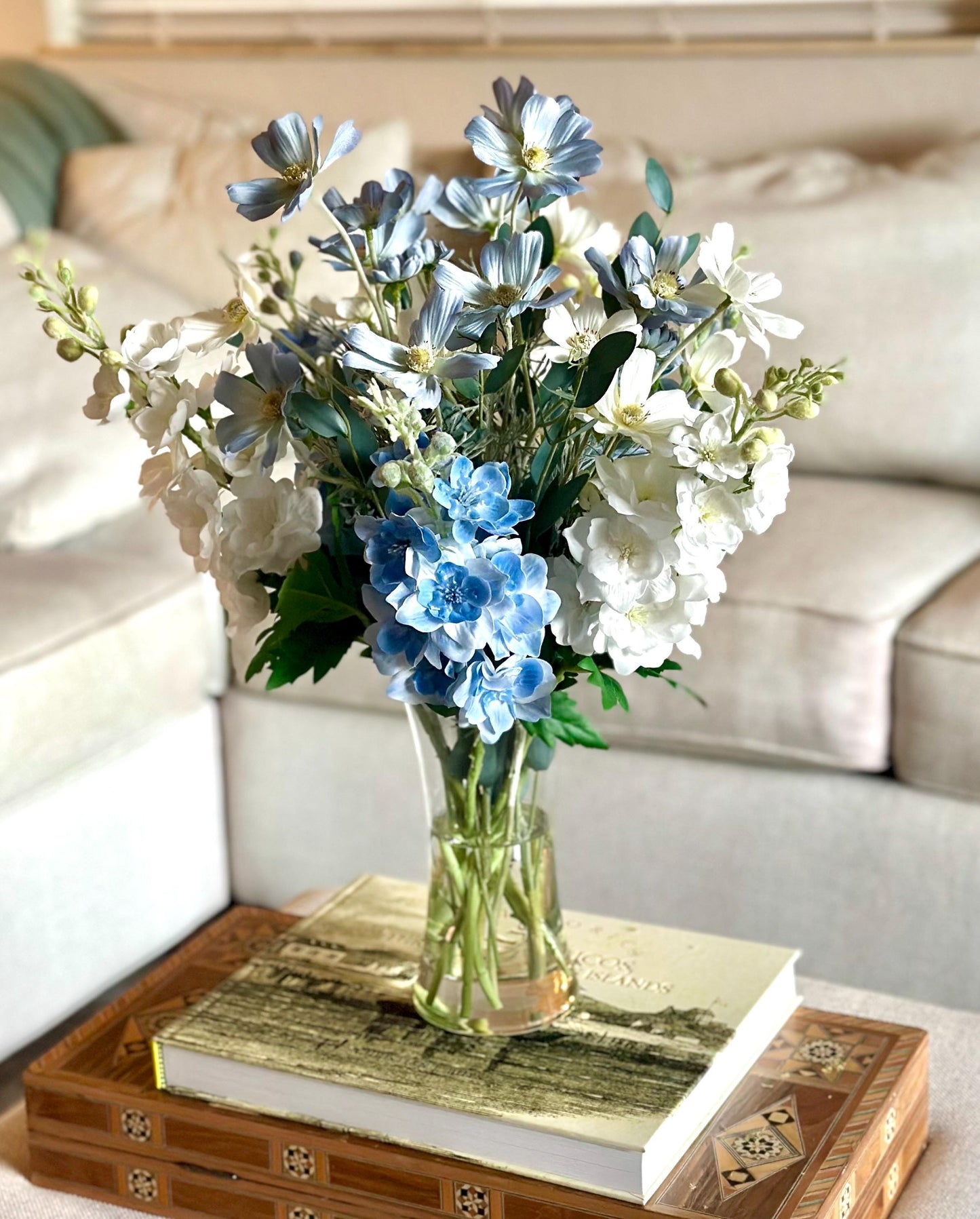 Real Touch Blue and White Delphinium and Wildflower Centerpiece, Faux White and Blue Arrangement, Tall Blue and White Centerpiece