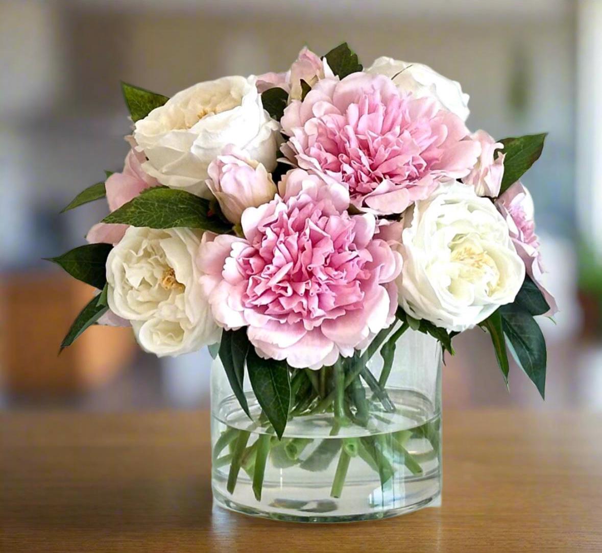 Real Touch Pink Peony & White Rose Centerpiece: Faux Floral Arrangement