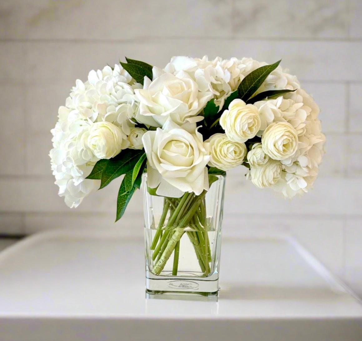 Real Touch Blue Hydrangea Centerpiece: Faux Rose & Ranunculus Floral Decor