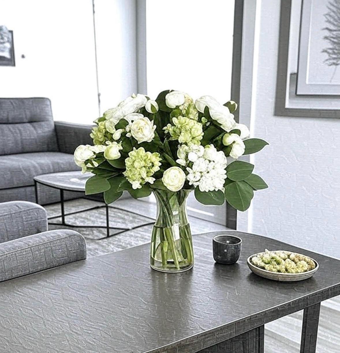 Real Touch Hydrangea Centerpiece: White & Green Artificial Floral