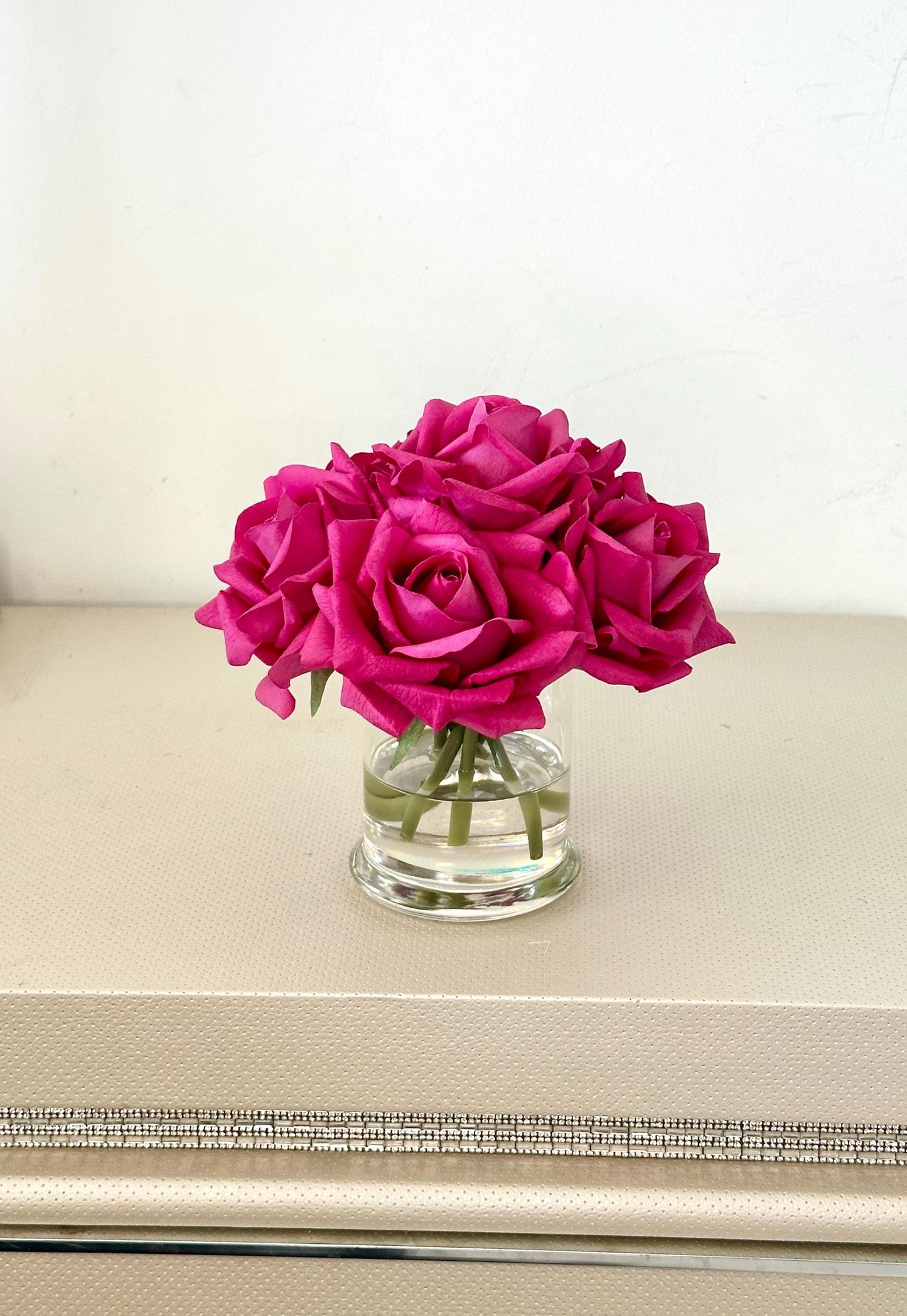 Real Touch Fuchsia Pink Rose Arrangement: Glass Vase, Faux Water (Optional Gift Box)