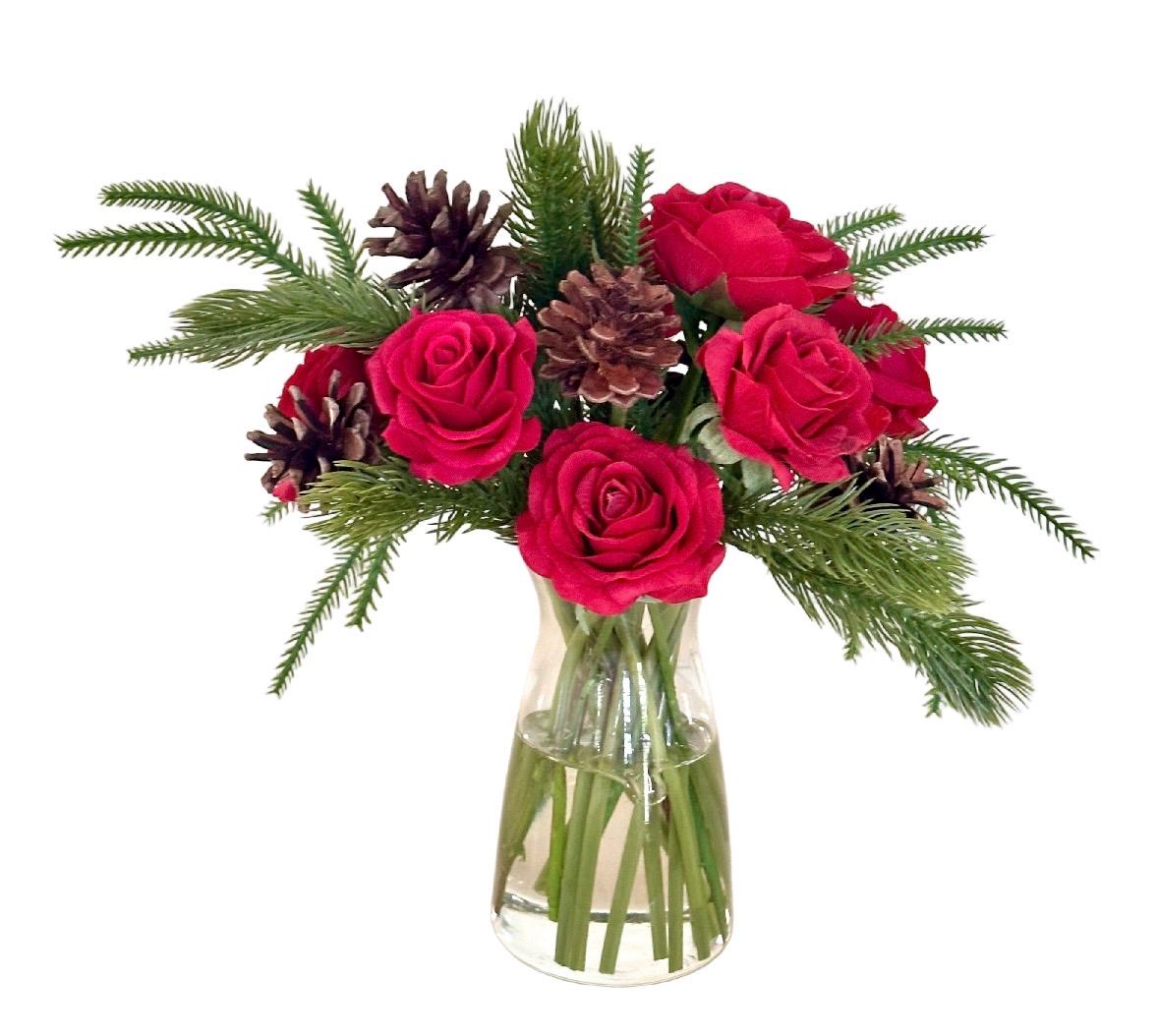 Real Touch Christmas Red Rose Centerpiece: Artificial Floral Arrangement