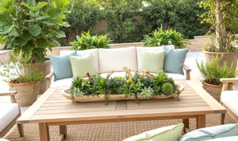 Long Wood Bowl Faux Succulent Arrangement: Greenery Centerpiece