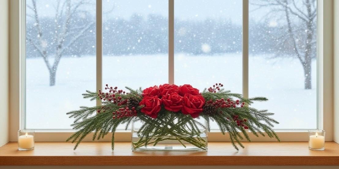 Real Touch Rose & Pine Cone Arrangement: Christmas Centerpiece