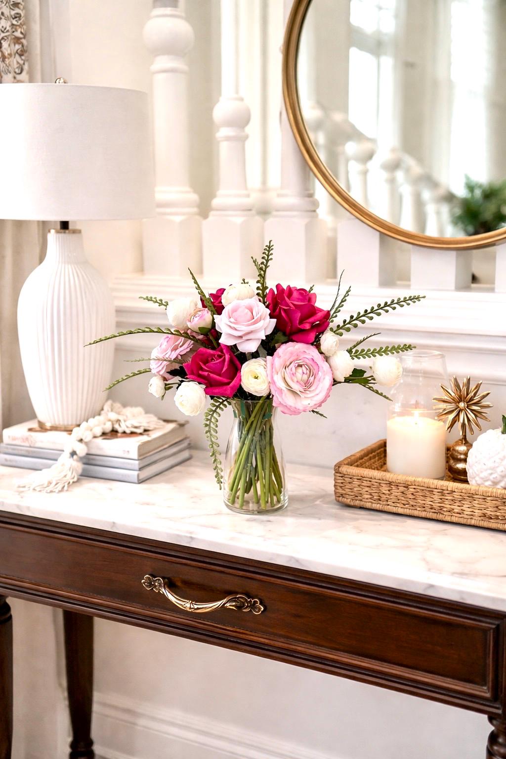 Real Touch Pink Rose and Ranunculus Floral Arrangement: Pink Centerpiece, Faux Water