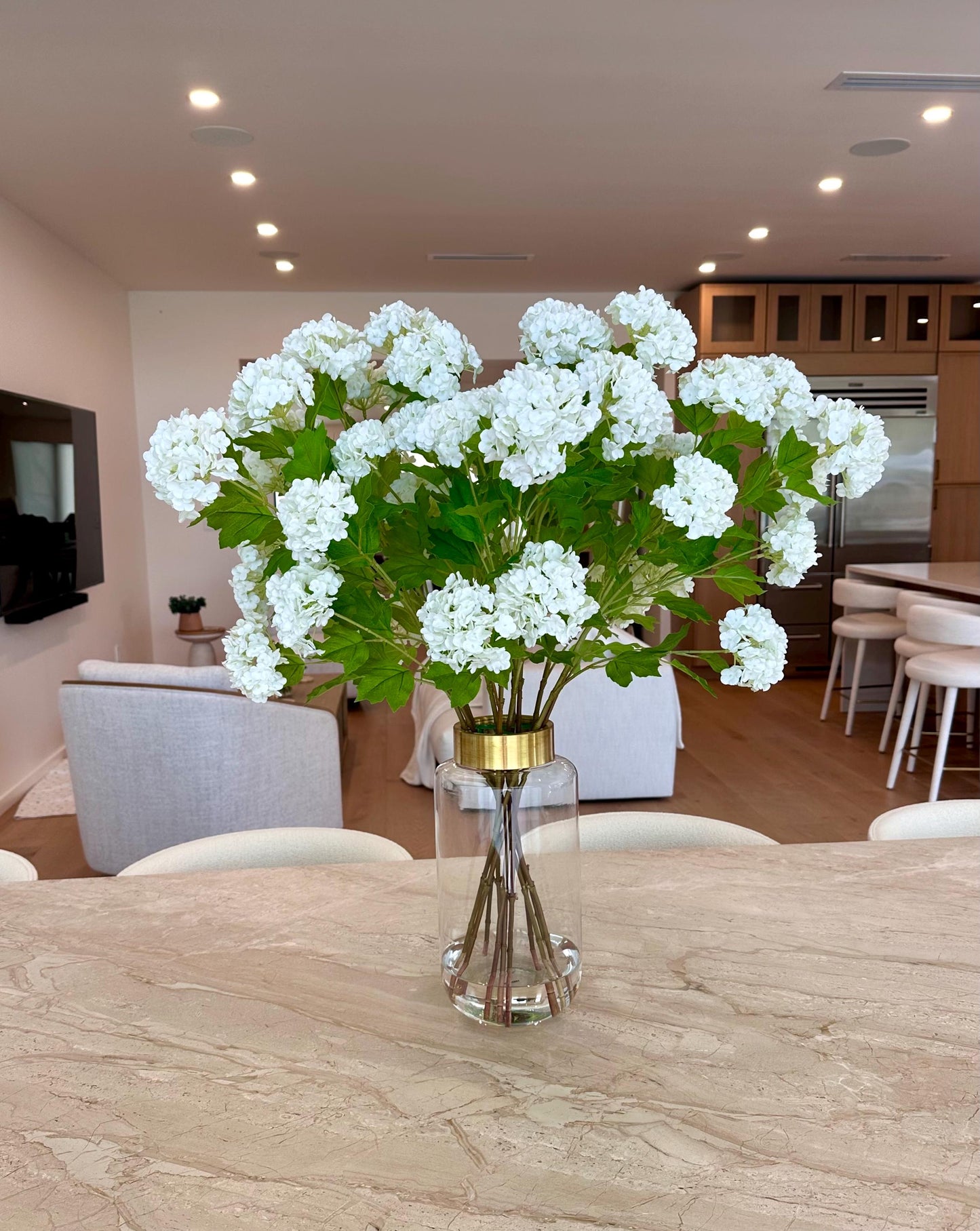 Large Luxury Real Touch White Hydrangea Centerpiece: Elegant Floral Arrangement Gold Glass Vase Faux Water
