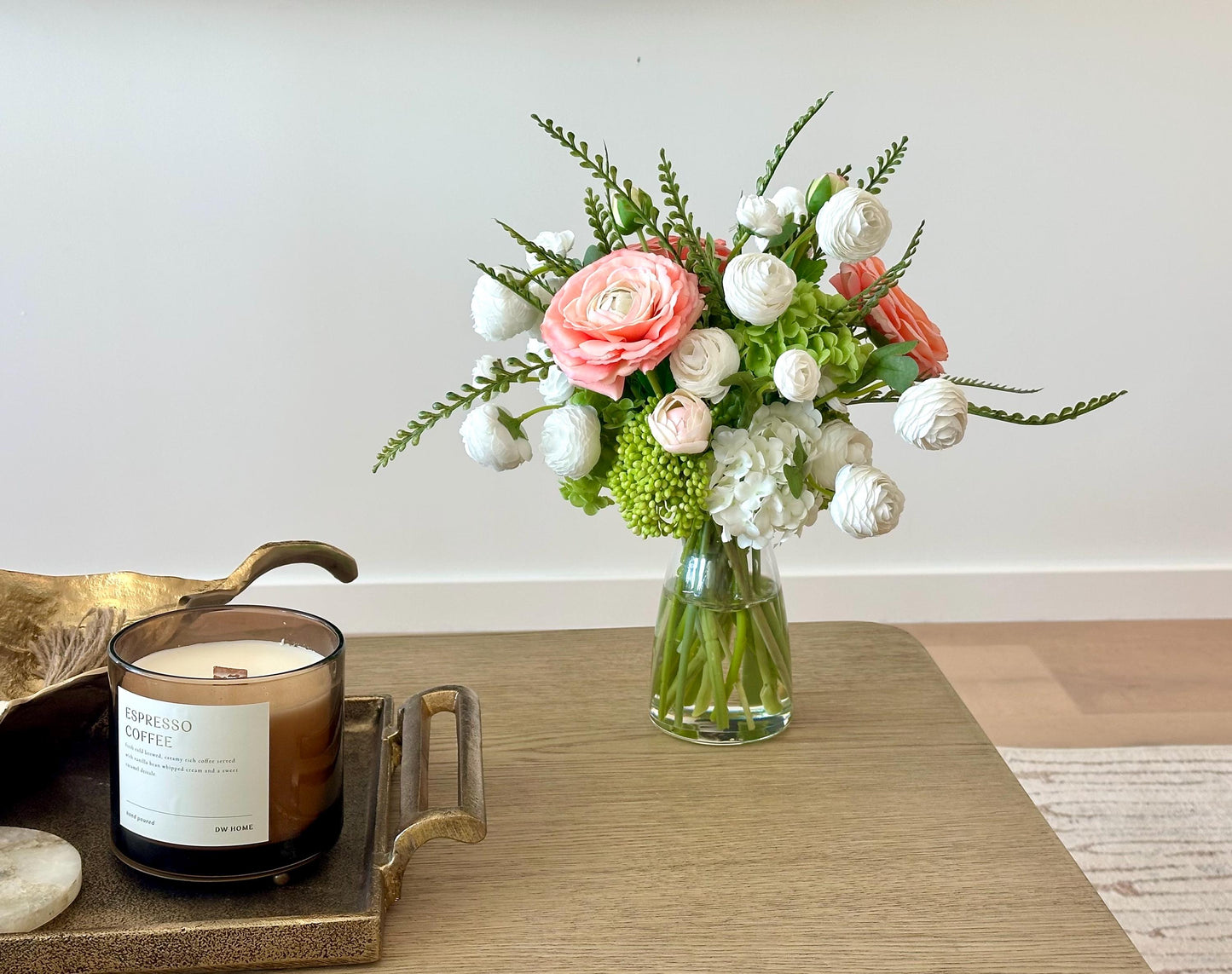 Real Touch Ranunculus Floral Arrangement: Coral, White, Green Centerpiece, Faux Water