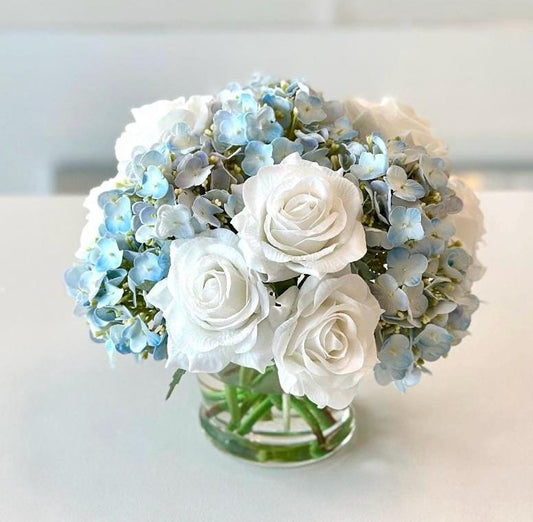 Real Touch Light Blue Hydrangea and White Rose Floral Arrangement