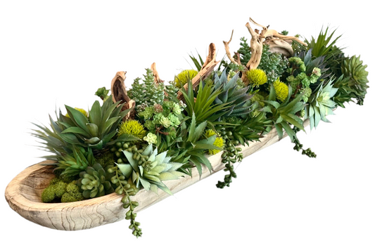 Lush High Quality Artificial Succulent Arrangement, Long Wood Centerpiece, Large Succulent Planter, Faux Plants, Succulent Home Decor