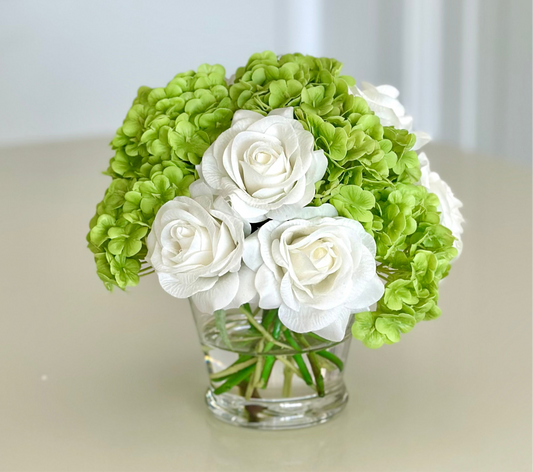 Real Touch Green Hydrangea and White Rose Floral Arrangement