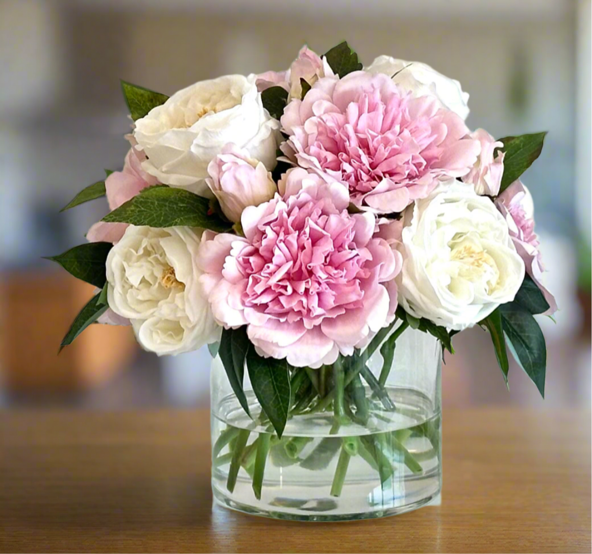 Real Touch Pink Peony and White Rose Floral Centerpiece