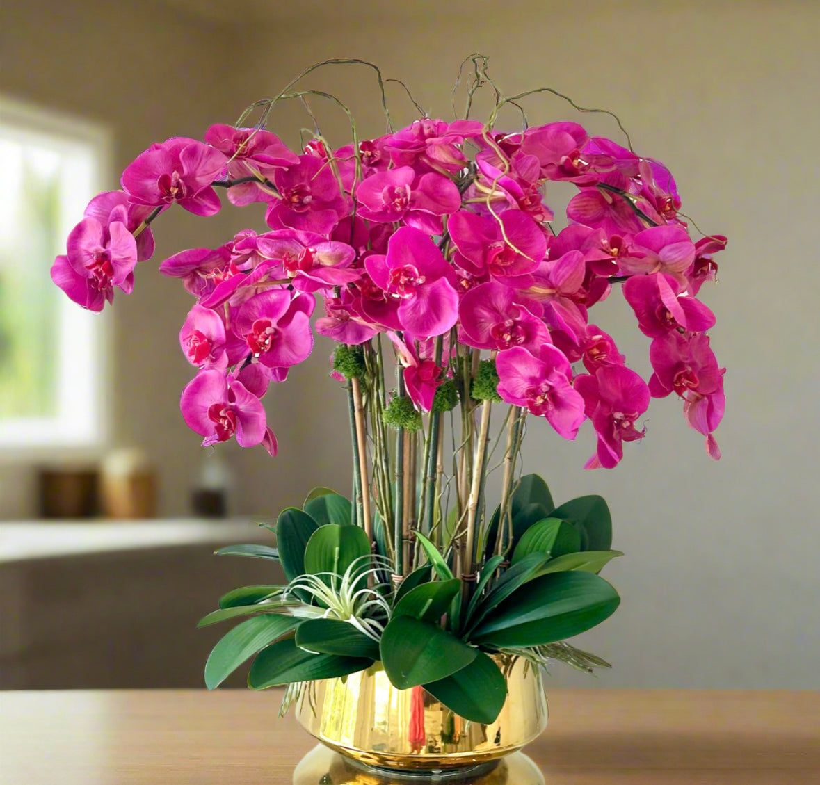 Real Touch Purple Orchid Centerpiece Set in a Gold Planter