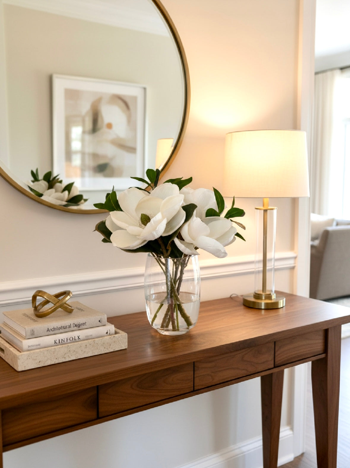 Luxury Real-Touch Magnolia & Greenery Arrangement in Glass Vase (15” × 15”)