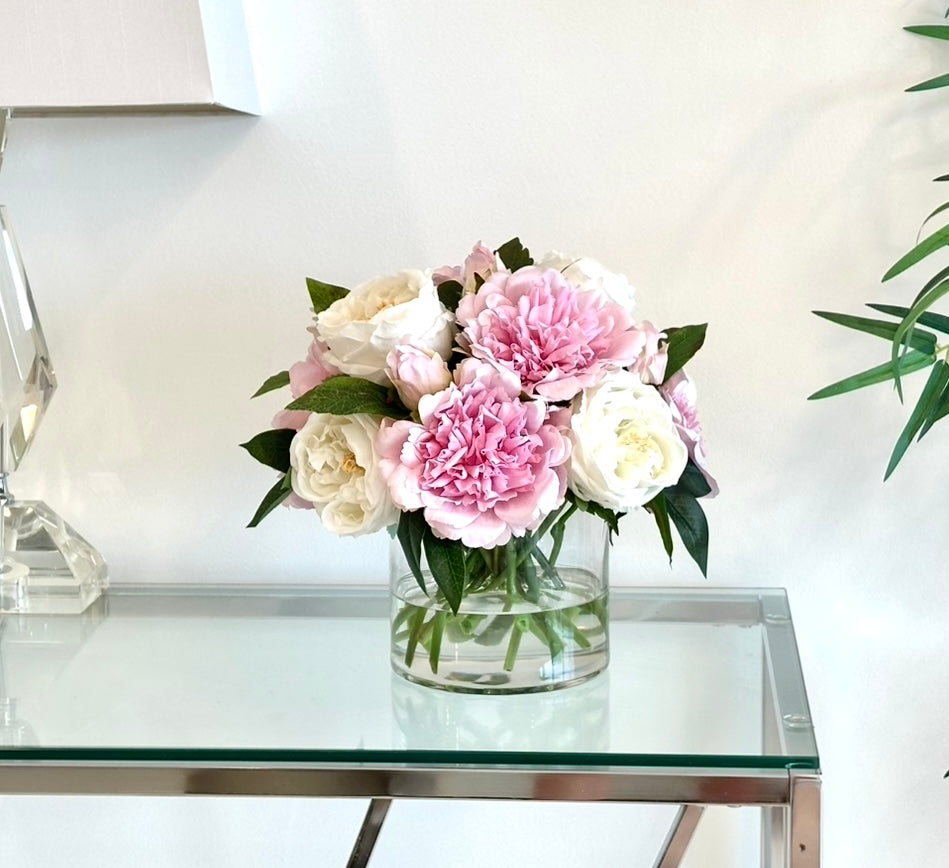 Real Touch Pink Peony and White Rose Floral Centerpiece