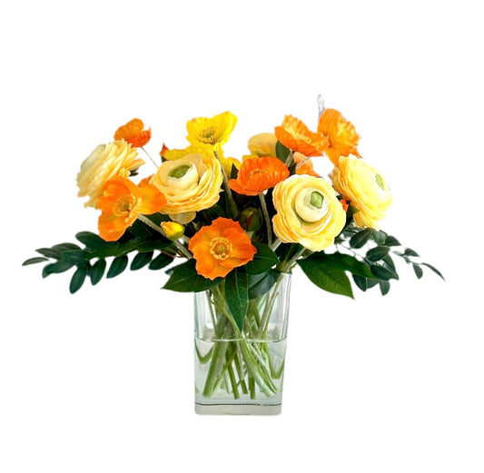 Faux Mixed Faux Floral Arrangement, Yellow Ranunculus and Orange Poppy