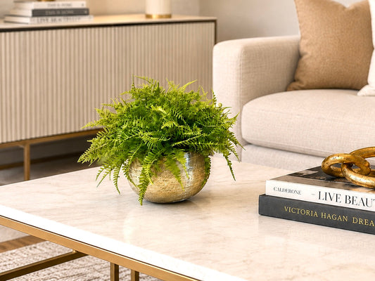 Luxury Real Touch Fiddlehead Fern Arrangement, Ultra Realistic Faux Fern in Textured Gold Container, Modern Home Decor, Preserved Moss Base,