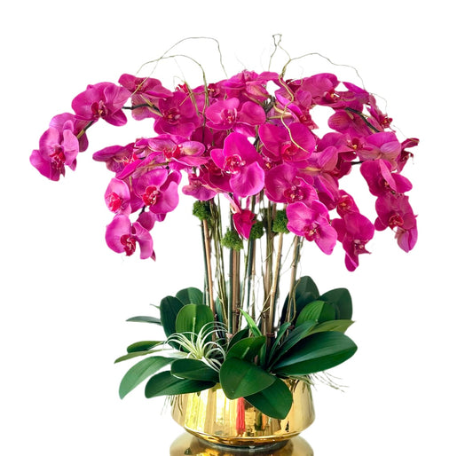 Real Touch Purple Orchid Centerpiece Set in a Gold Planter