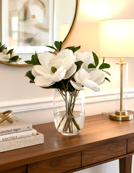 Luxury Real-Touch Magnolia & Greenery Arrangement in Glass Vase (15” × 15”)