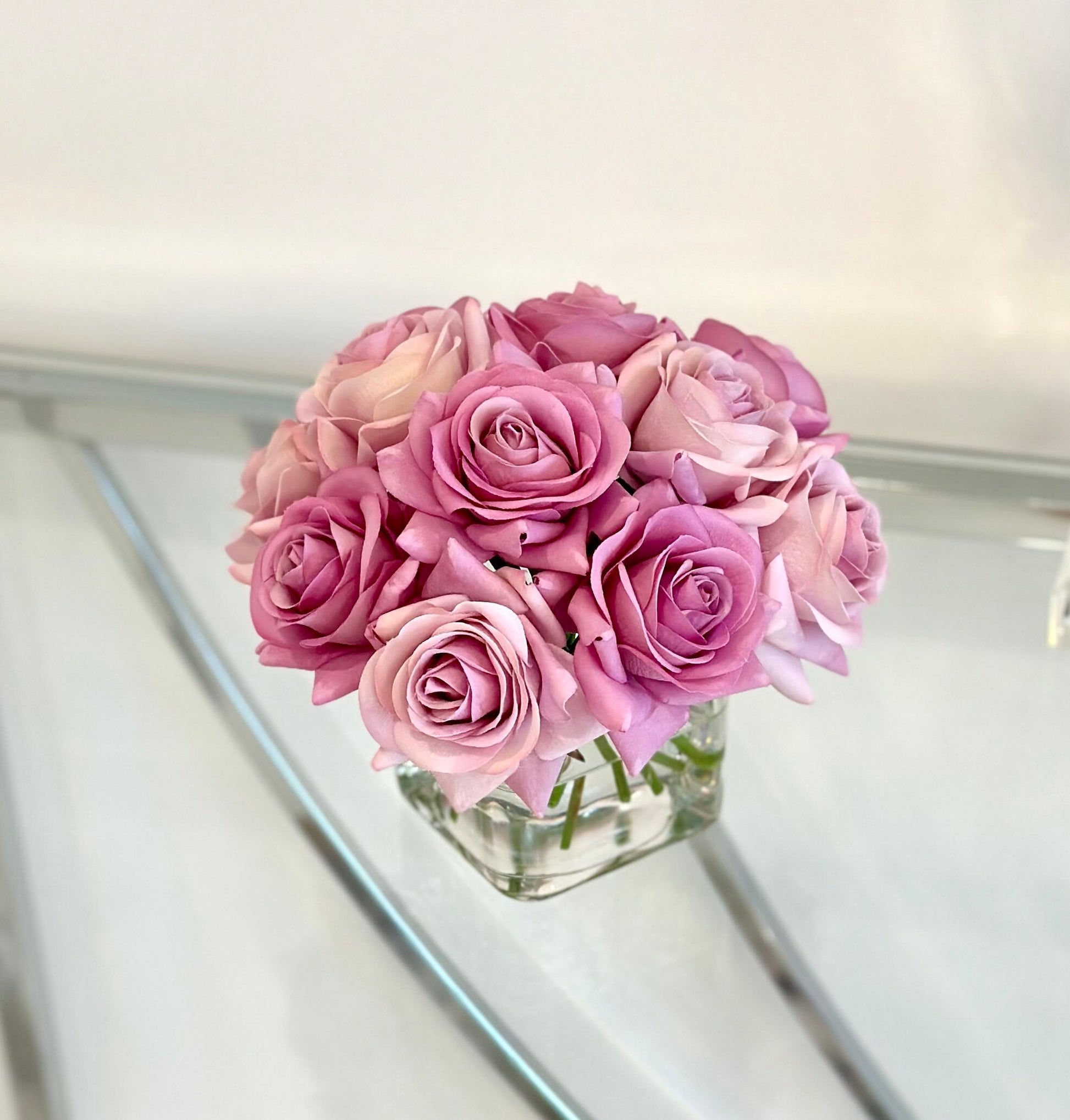 Real Touch Rose Arrangement: Artificial Floral Centerpiece In Square Vase
