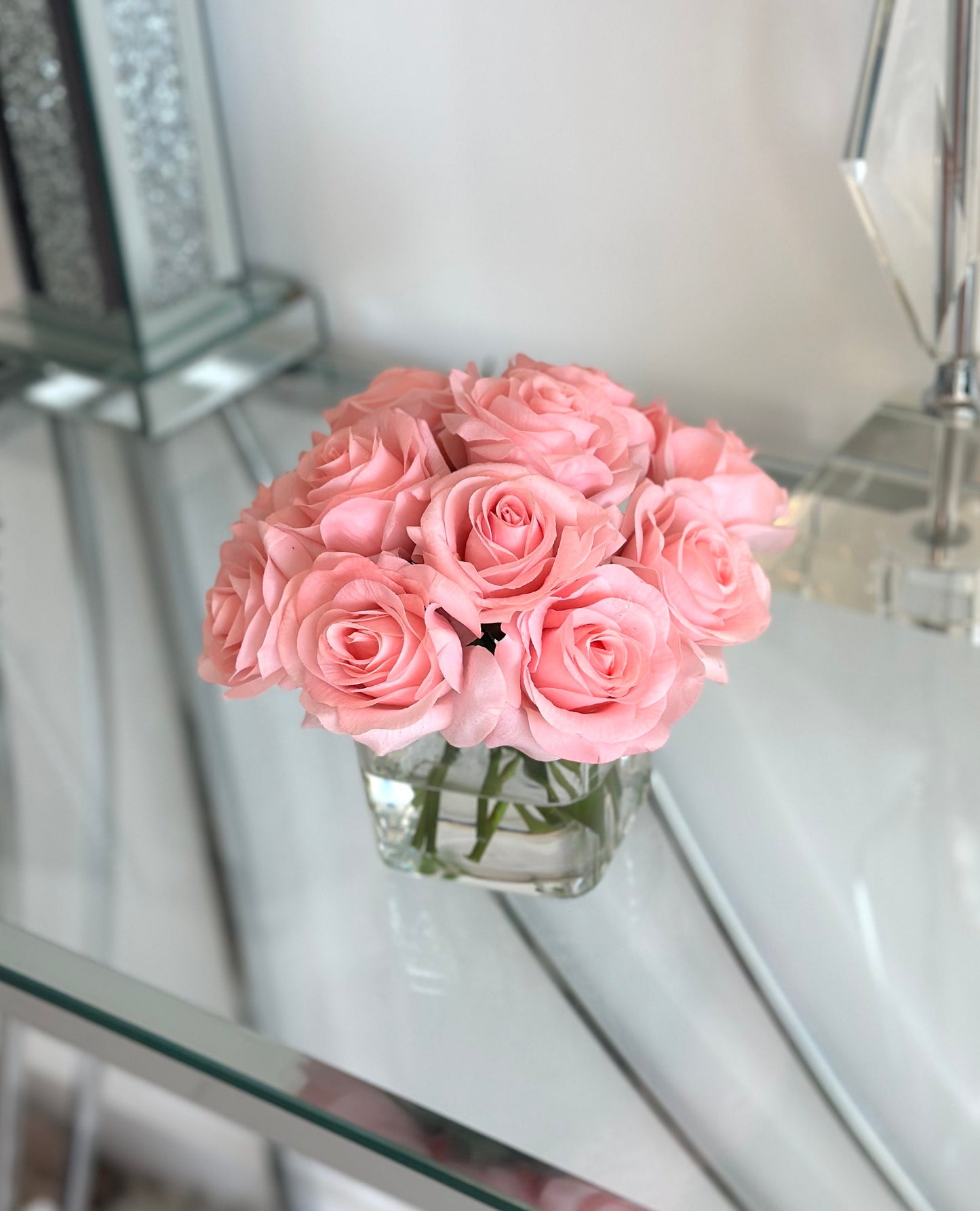 Real Touch Pink Rose Arrangement: Faux Water Centerpiece